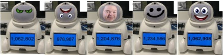 Five images of the Canbot robot with design modifications and equation answers.