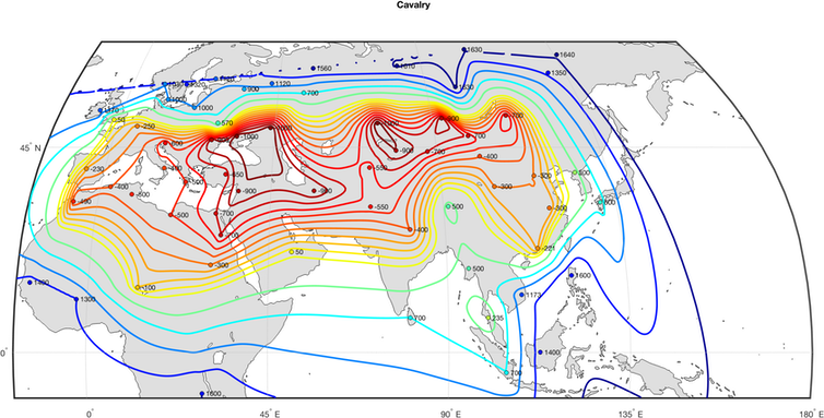 A map of Africa and Eurasia showing how military technologies spread.