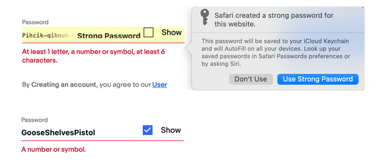 Screenshot of an attempt to use a generated password.