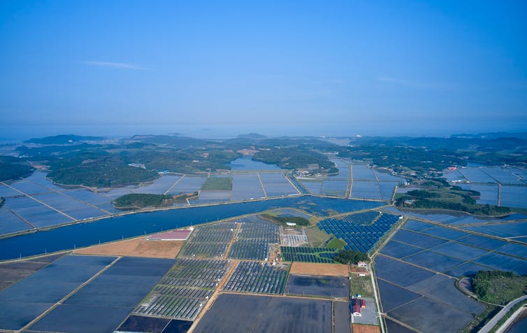 Aerial photo of rice fields and solar farms