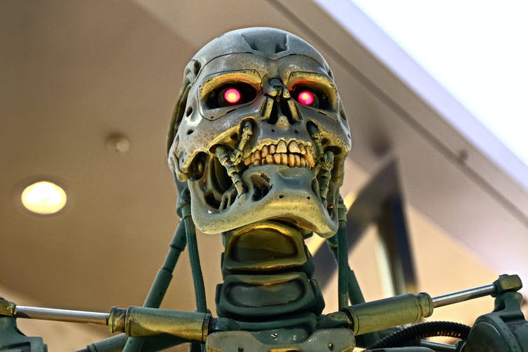 The head of a killer robot from the Terminator films