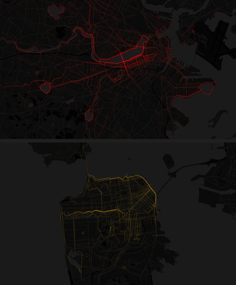 Two city maps stacked vertically with paths along city streets marked in varying levels of intensity