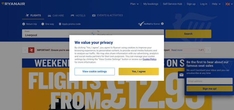 Screenshot of Ryanair cookie request window