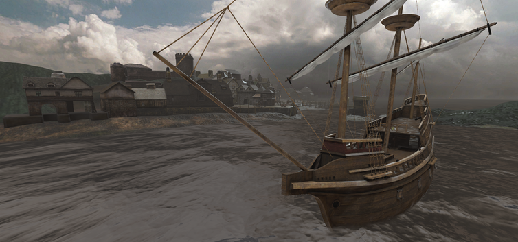 VR image of two 17th-century sailing ships in harbour.