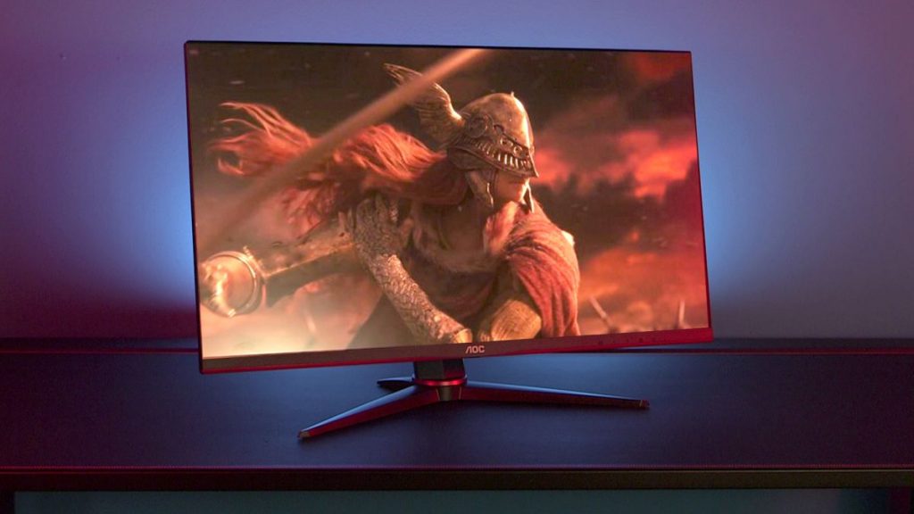 The AOC U28G2XU gaming monitor front view.