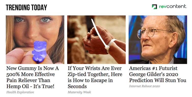 A grid of three native ads that look like news articles. One ad is selling CBD gummies, another is a clickbait story, and the last is trying to sell financial advice.