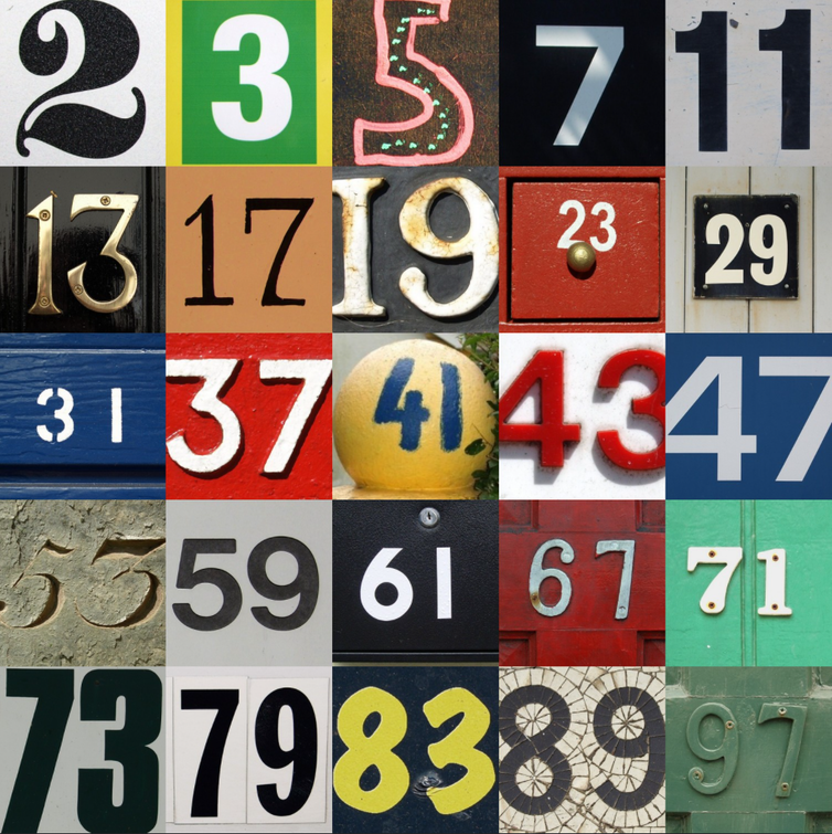 A five-by-five grid of photographs of house numbers, mosaics, paintings and other sources.