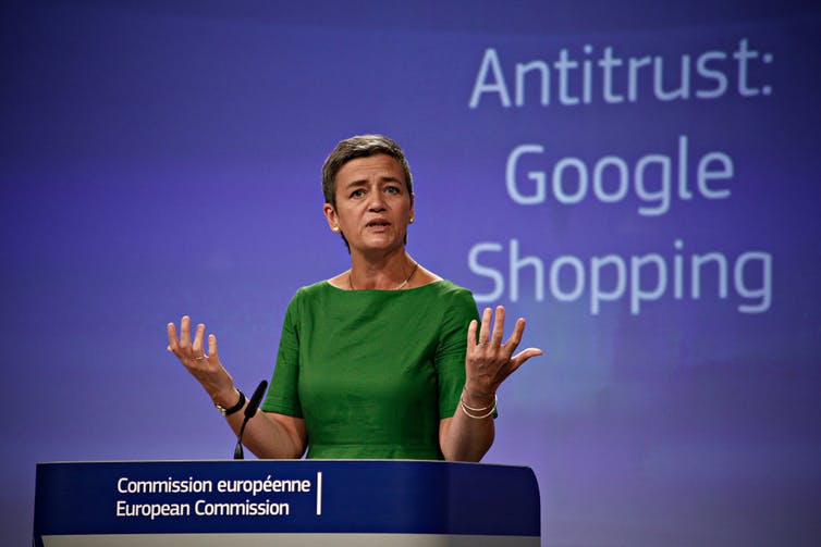 Margarethe Vestager addressing a press conference