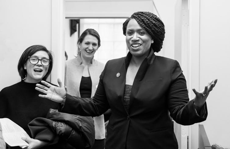 Ayanna Pressley greets visitors to her office at the U.S. Capitol.