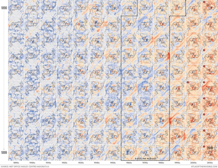 A series of coloured maps represents the global warming trend