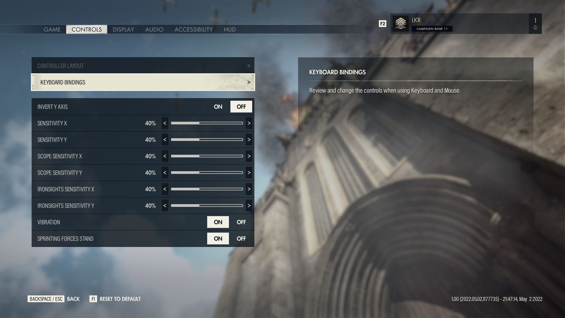 SE5 Control options. Keyboard bindings is highlighted and below it are sensitivity, vibration and invert axis settings. 