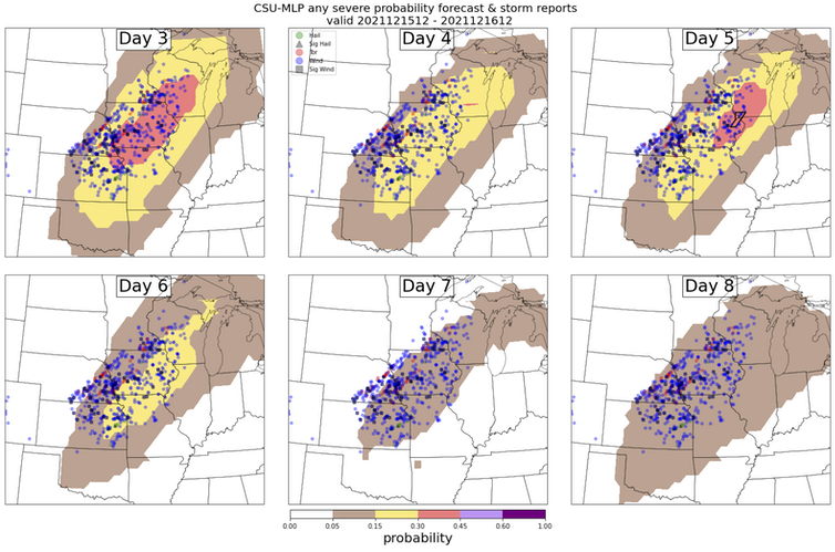 Maps of an evolving machine learning forecast for an outbreak of severe weather in the US Midwest in December 2021.