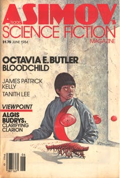 Magazine cover with drawing of insect and young person with hole in body.