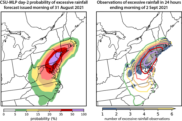 Two maps showing a machine learning forecast and actual flooding in the mid-Atlantic states after Hurricane Ida in 2021.