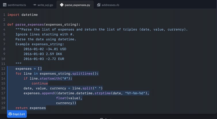 A screenshot of computer code produced by Copilot.