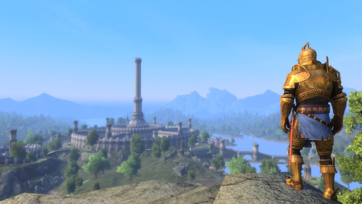 Skyblivion - A player in gold armor stands on a ledge overlooking the imperial city