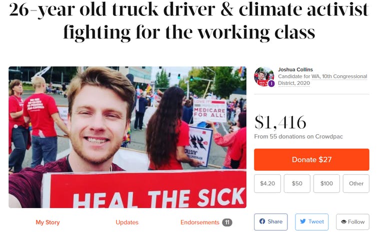 A webpage showing a photograph of a young man holding a sign