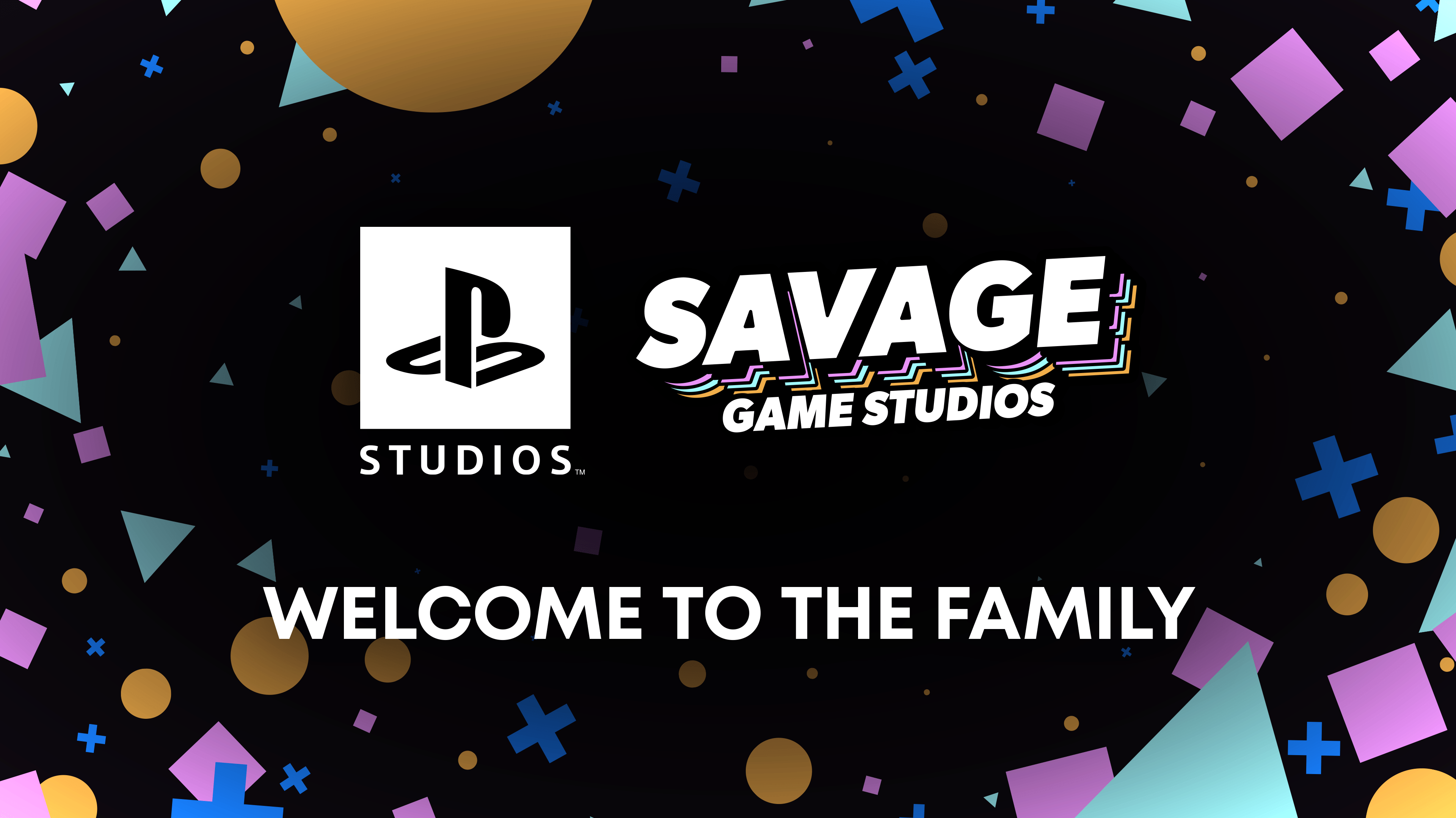 PlayStation Studios logo and Savage Game Studios logo, with text saying "welcome to the family"