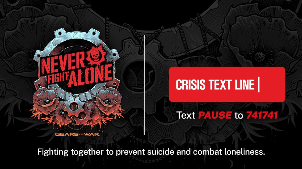 Gears - Never Fight Alone Hero Image with Crisis Text Line Number to Text PAUSE to 741741