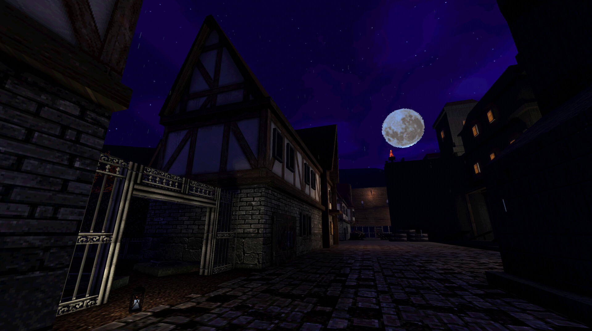 night time view of medieval daub and wattle buildings with cobblestone street and moon visible in backgorund