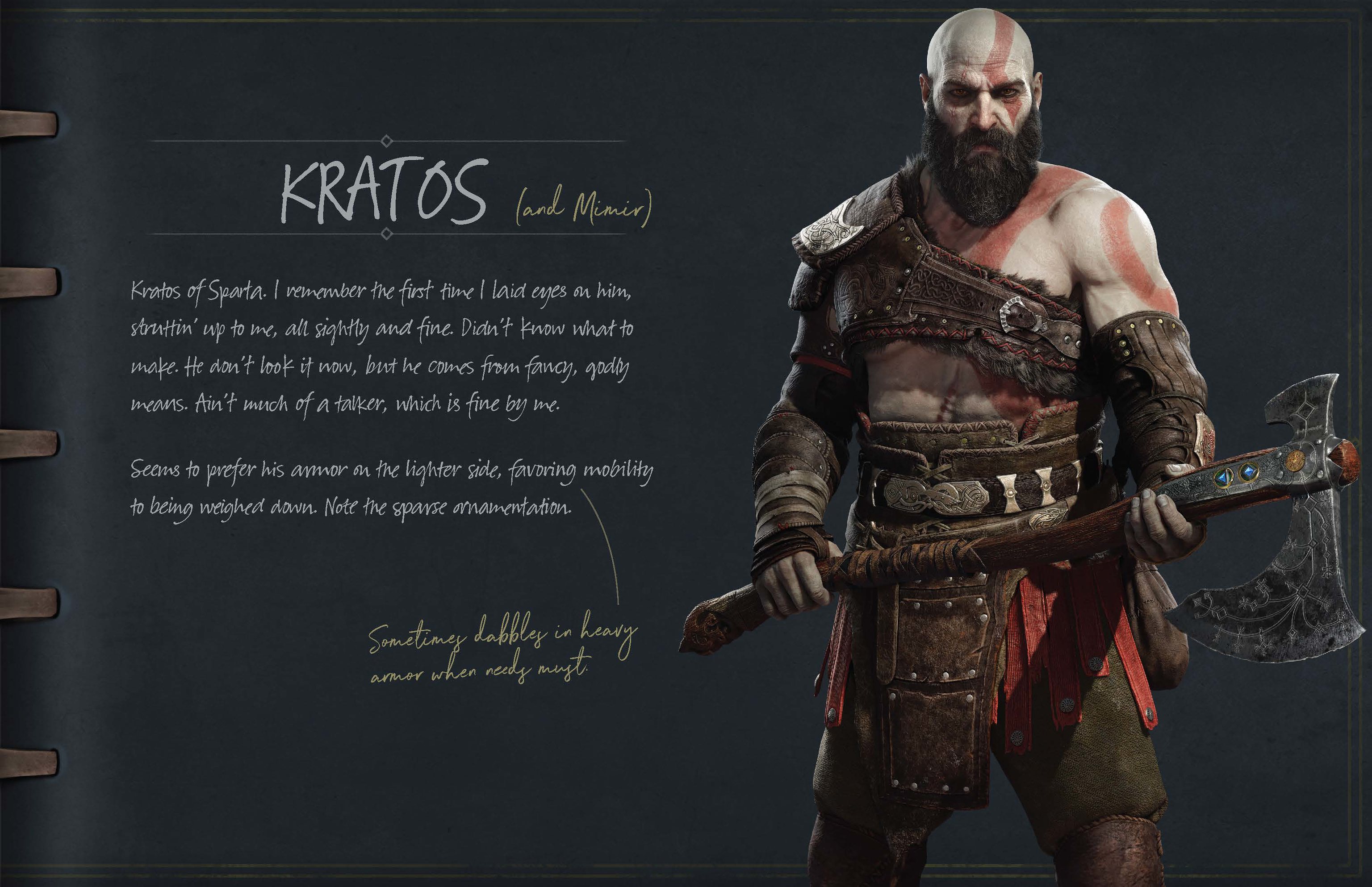 This page houses an introduction of Kratos written by Lúnda with a note from Sindri. Kratos holds the Leviathan Axe on the right-hand side of the page.