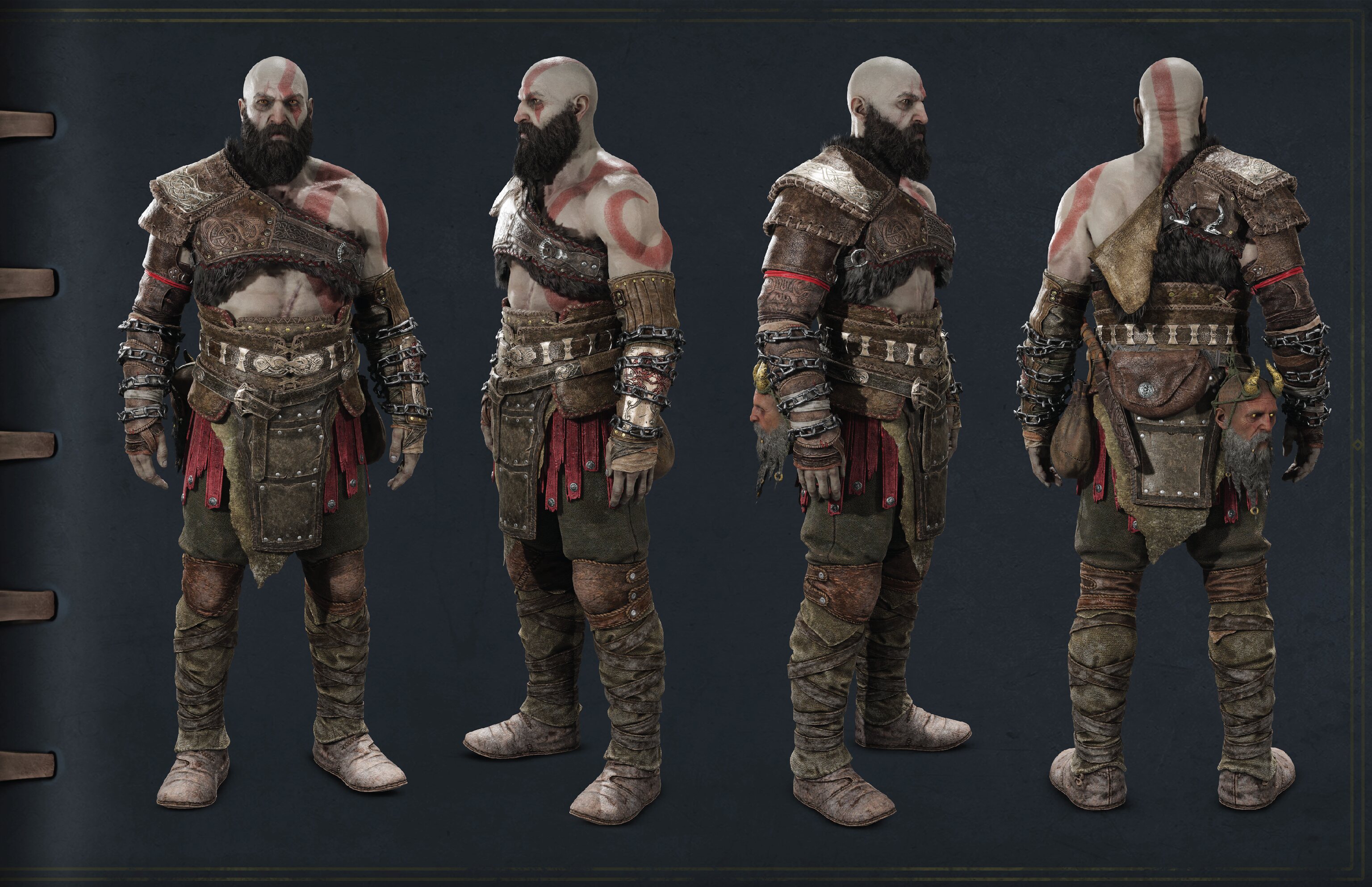 This image is an excerpt from the Cosplay Guide showing full-body Kratos standing from four different angles.