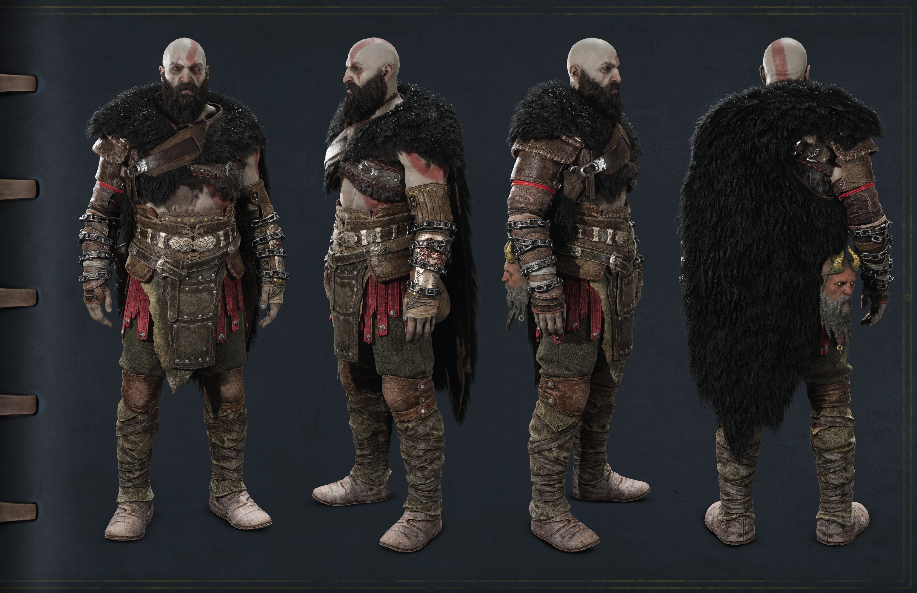 This image is an excerpt from the Cosplay Guide showing full-body Kratos standing from four different angles with his bear fur cloak on.