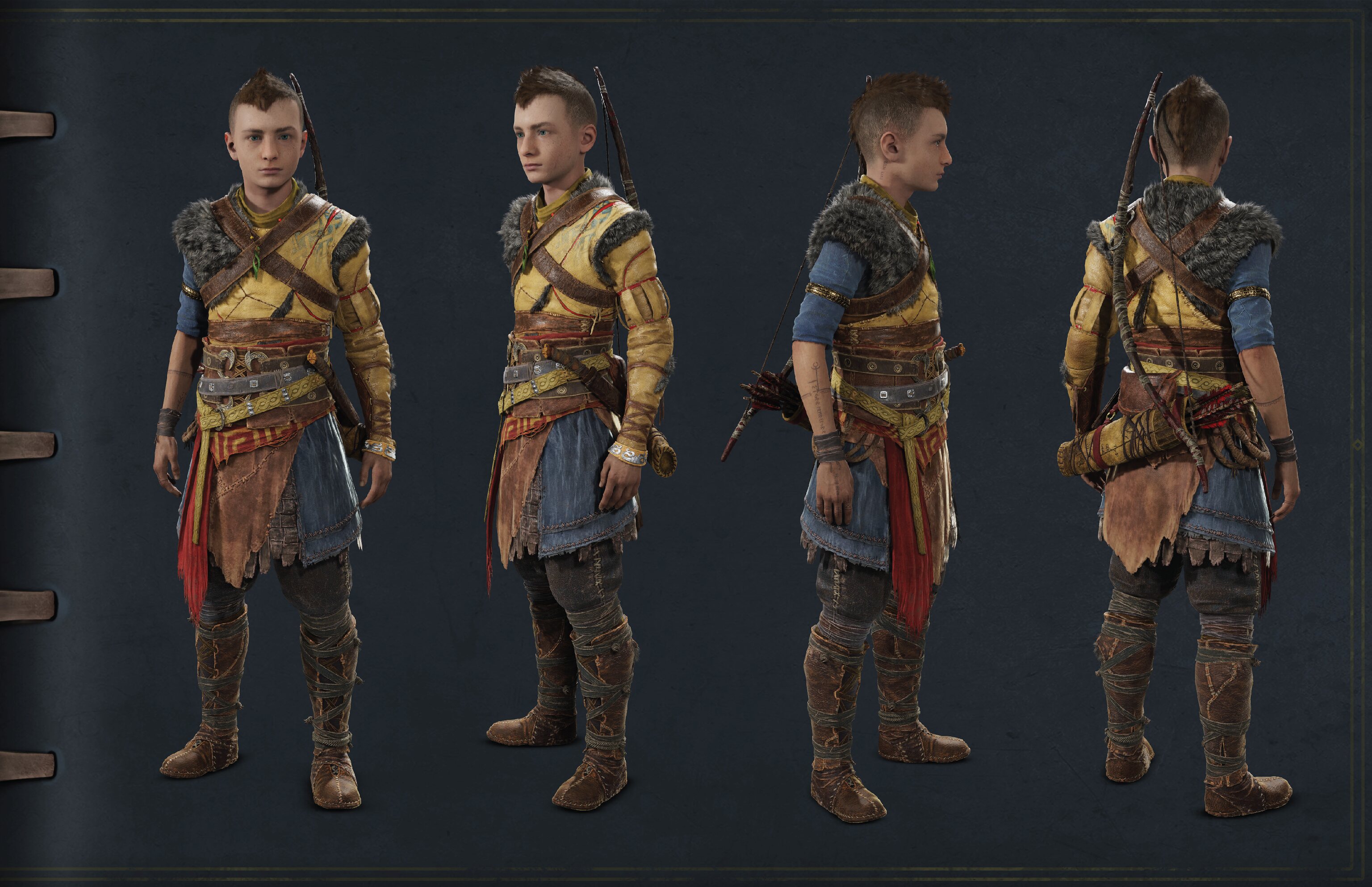 This image is an excerpt from the Cosplay Guide showing full-body Atreus standing from four different angles.