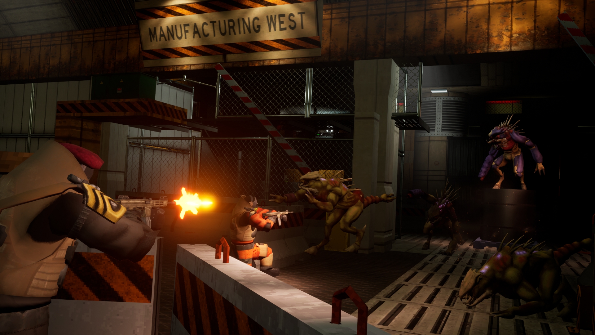 Spiny aliens advance across a manufacturing sector while being shot at