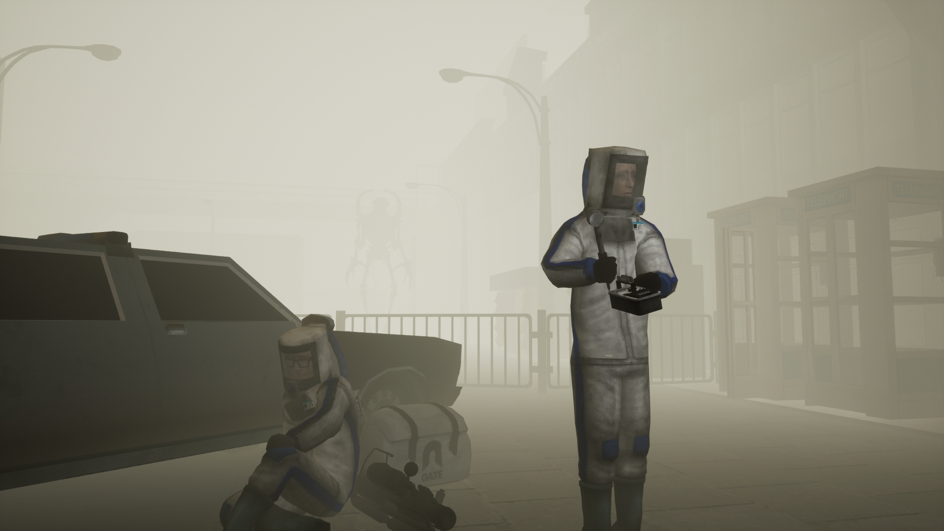 Scientists in hazmat suits take a breather in a foggy street