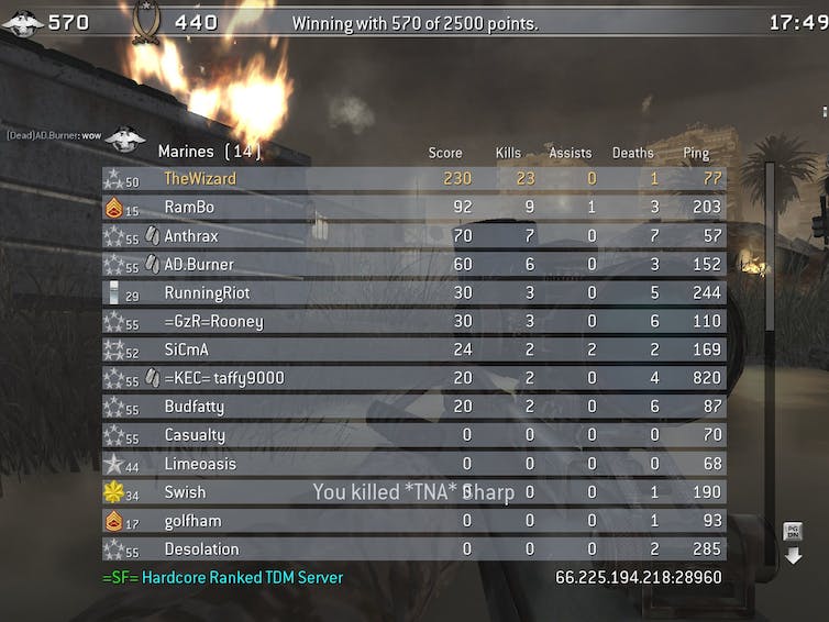 A screenstill of a Call of Duty scoreboard after a match.