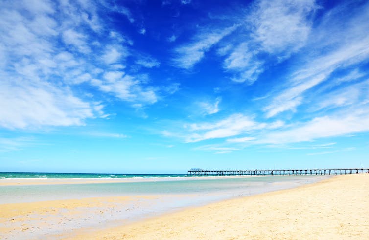 Clear blue skies above a beach