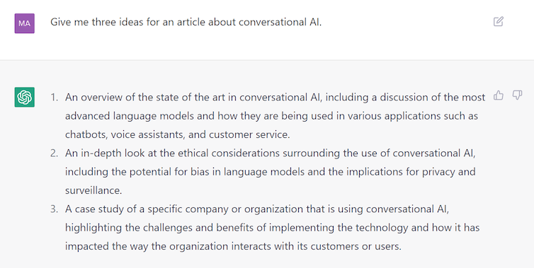 ChatGPT provides three ideas for an article about conversational AI. 