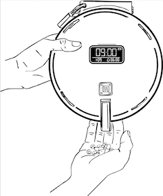 Sketch of an automated tablet machine - a round device with padlock