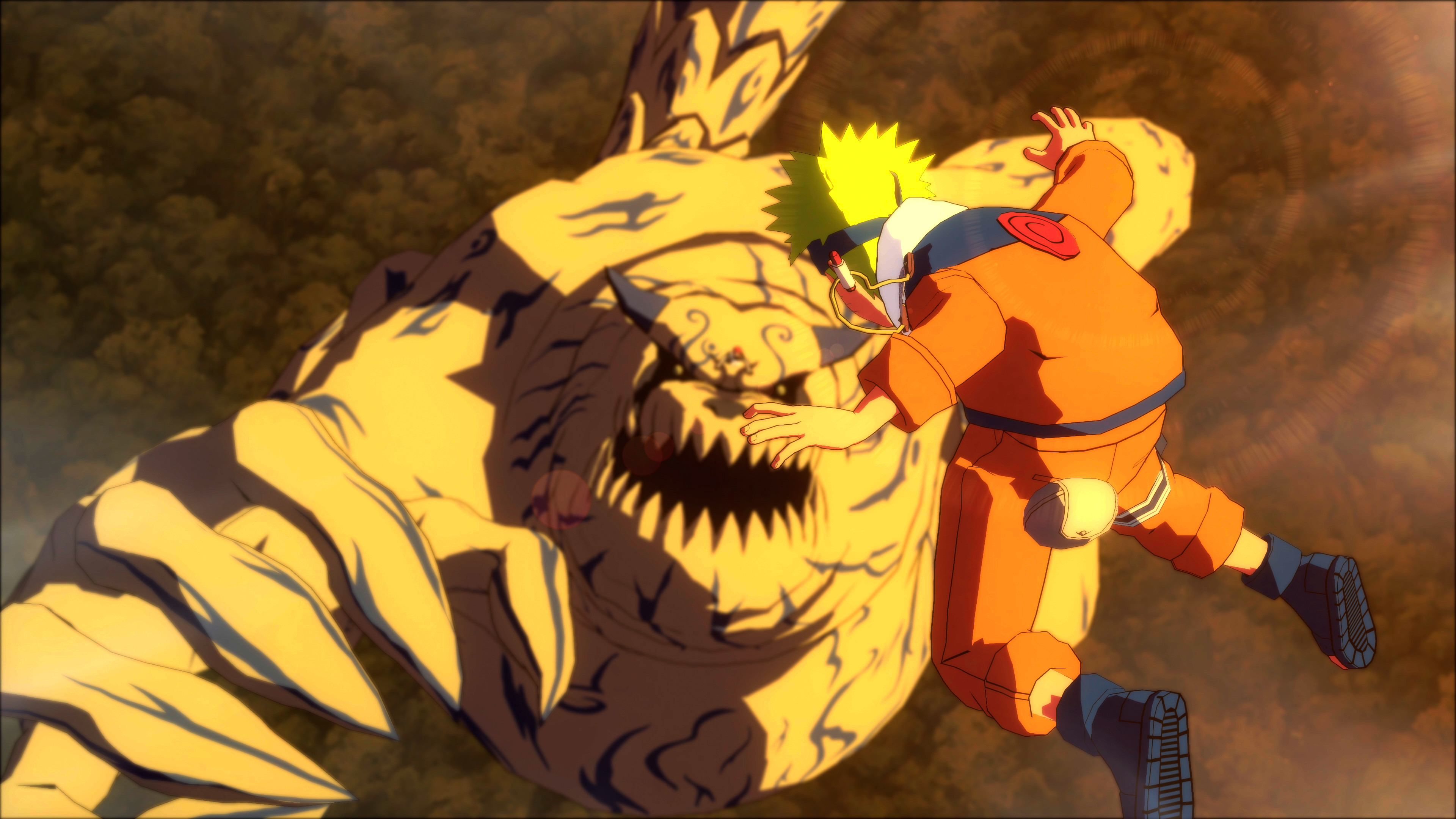 Naruto is falling from the sky as Shukaku (the One-Tail beast) swings his massive claw at him