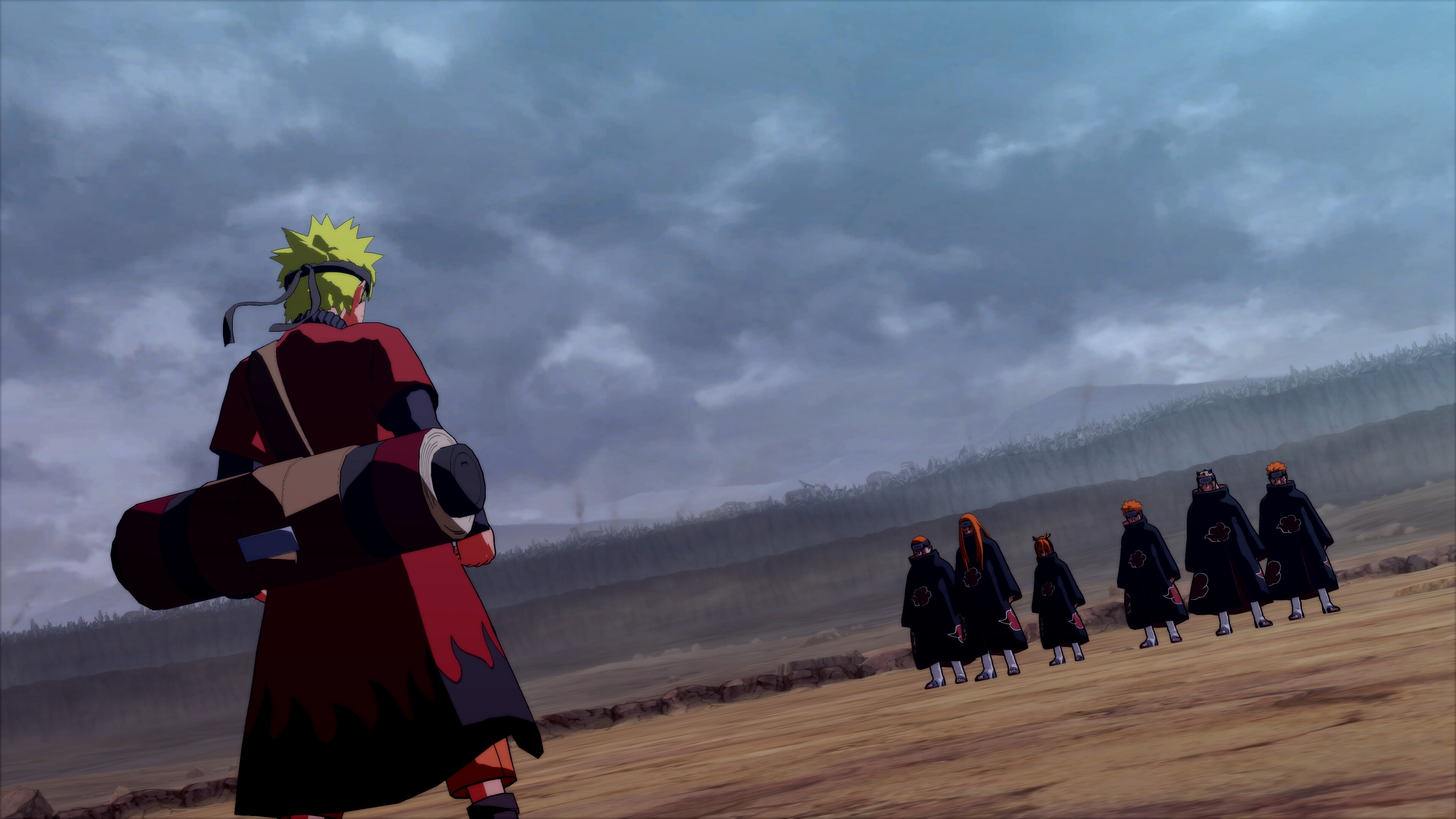 Naruto in sage mode is in a standoff with the Six Paths of Pain