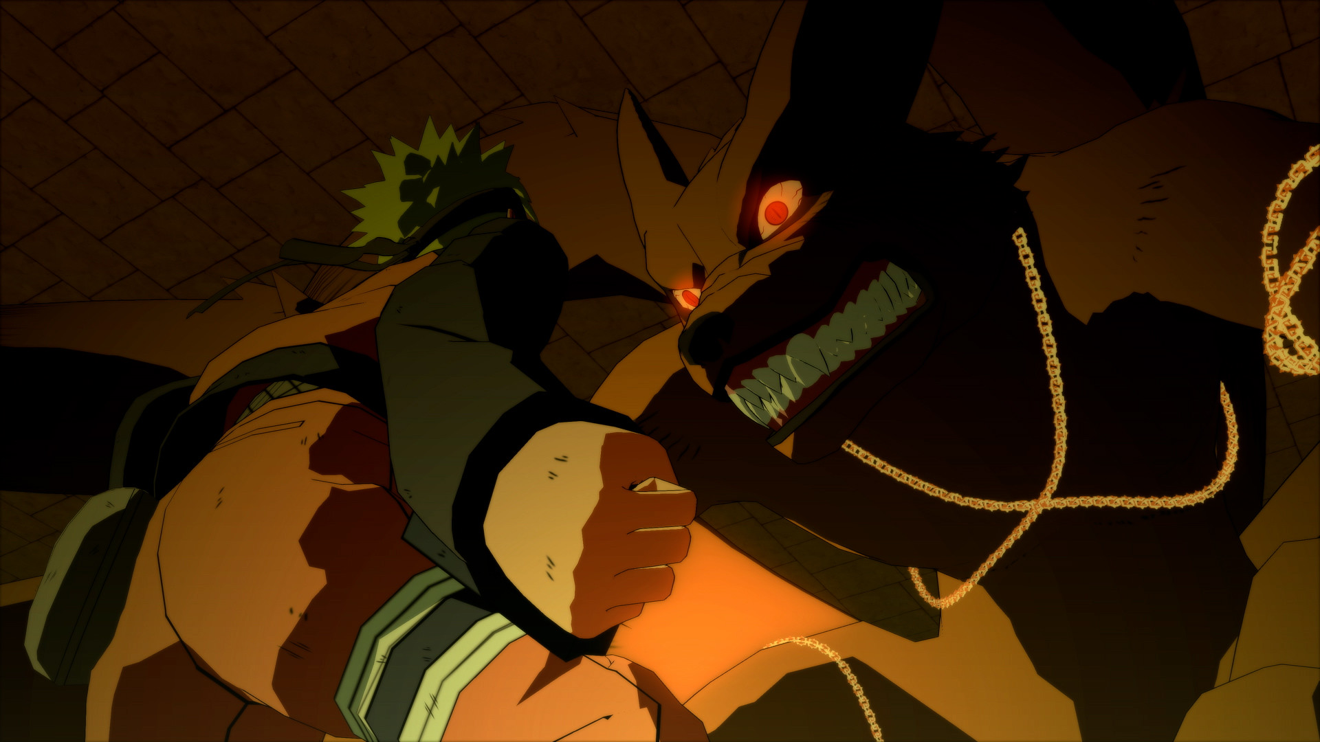 Naruto confronts the chained-up Nine-Tail Fox