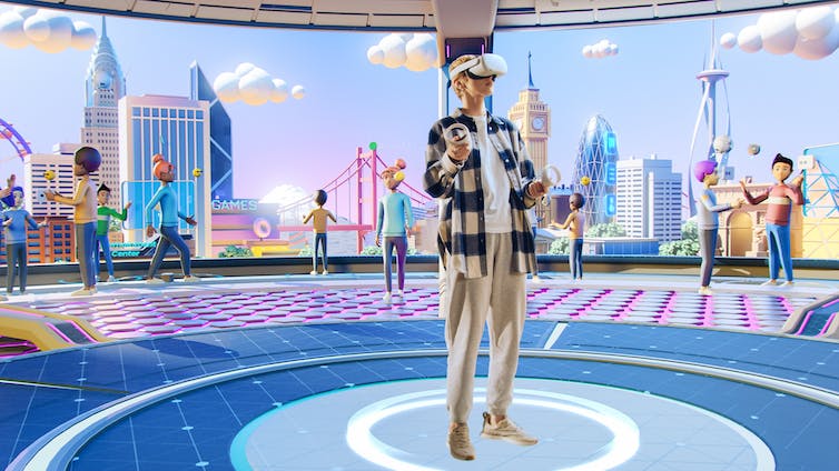 A person wearing a virtual reality headset standing in the middle of a virtual world surrounded by avatars