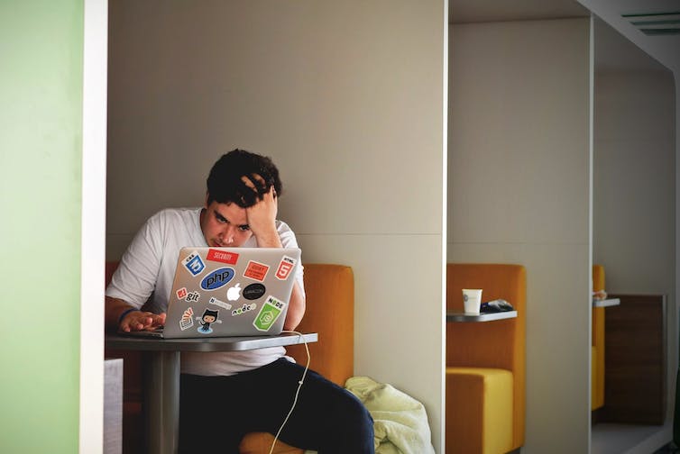 A student seen earnestly working at a laptop.