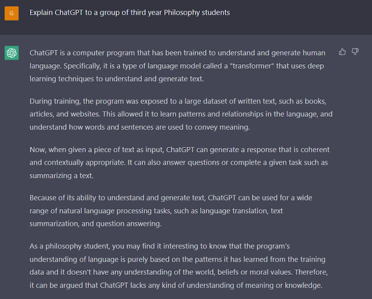 Screenshot showing a query explain ChatGPT to a group of third-year philosophy students.