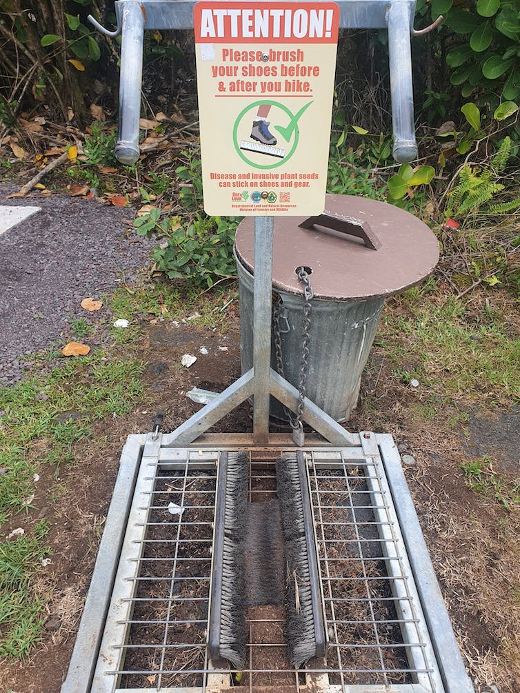 A sign above a metal brush directs hikers to clean their boots.