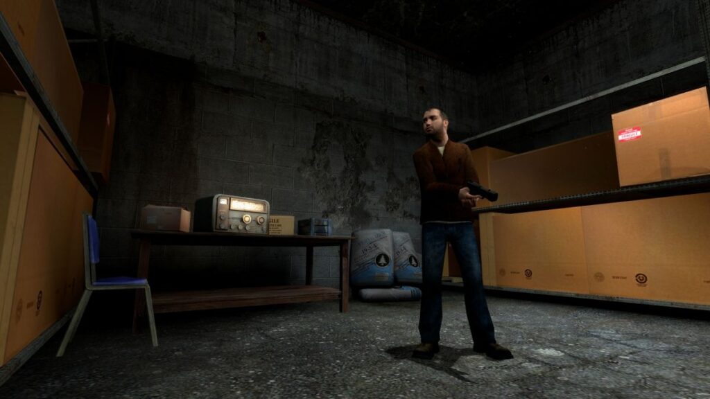 Half-Life male npc standing with pistol in bare room