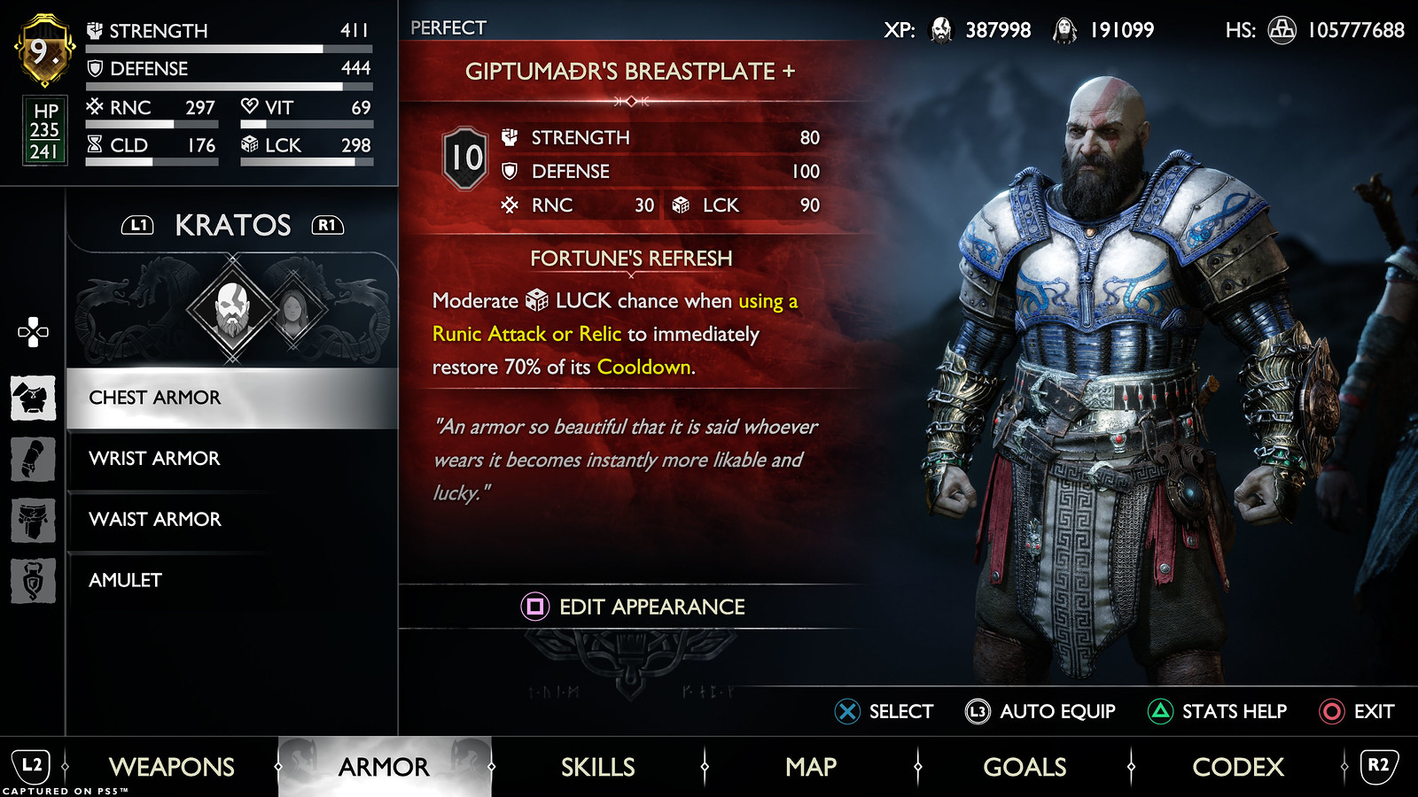  Image shows the in-game Armor menu with the recommended pieces from this build equipped. The selected piece is the chest armor, Giptumaðr’s Breastplate +. 