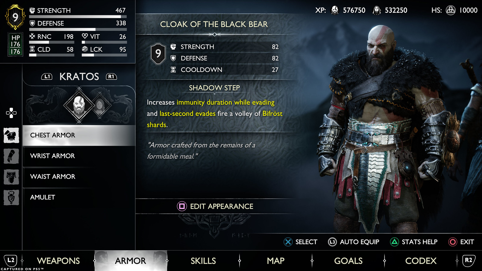 Image shows the in-game Armor menu with the recommended pieces from this build equipped. The selected piece is the chest armor, the Cloak of the Black Bear. 