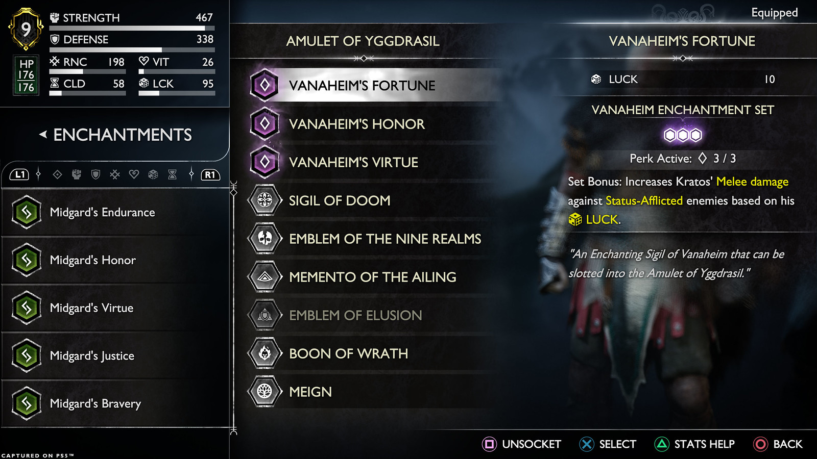 Image show the in-game Enchantments menu with the recommended Enchantments equipped in the Amulet of Yggdrasil. The selected Enchantment is one from the Vanaheim set, showing the Set Bonus effect that increases Kratos’ Melee damage against status-afflicted enemies. 