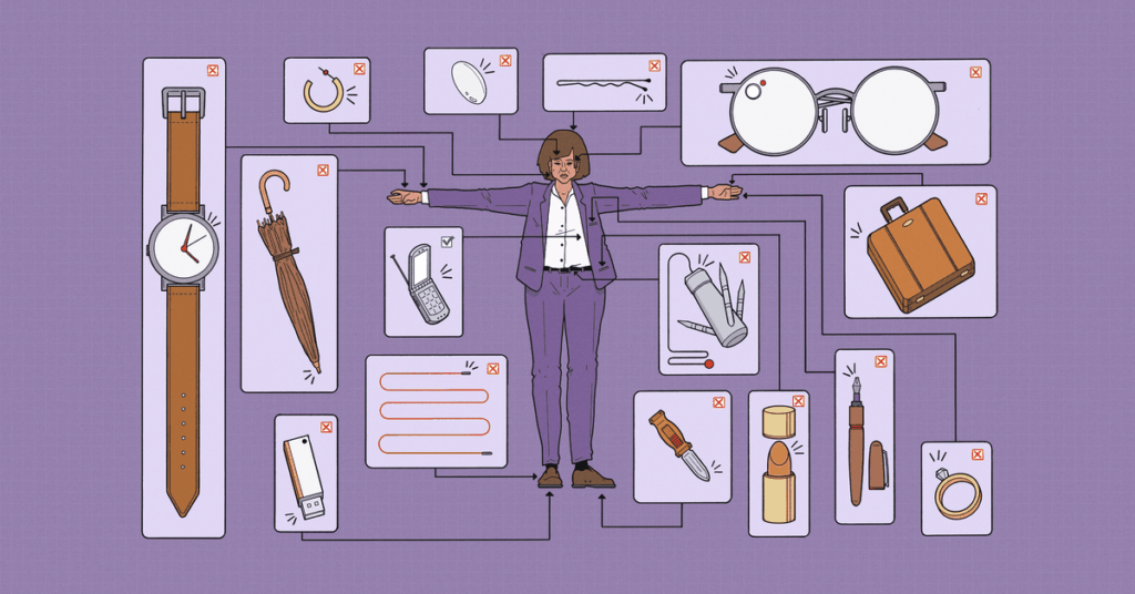 An image of a woman, presumably a spy, surrounded by many innocuous items that are secretly spy gadgets.