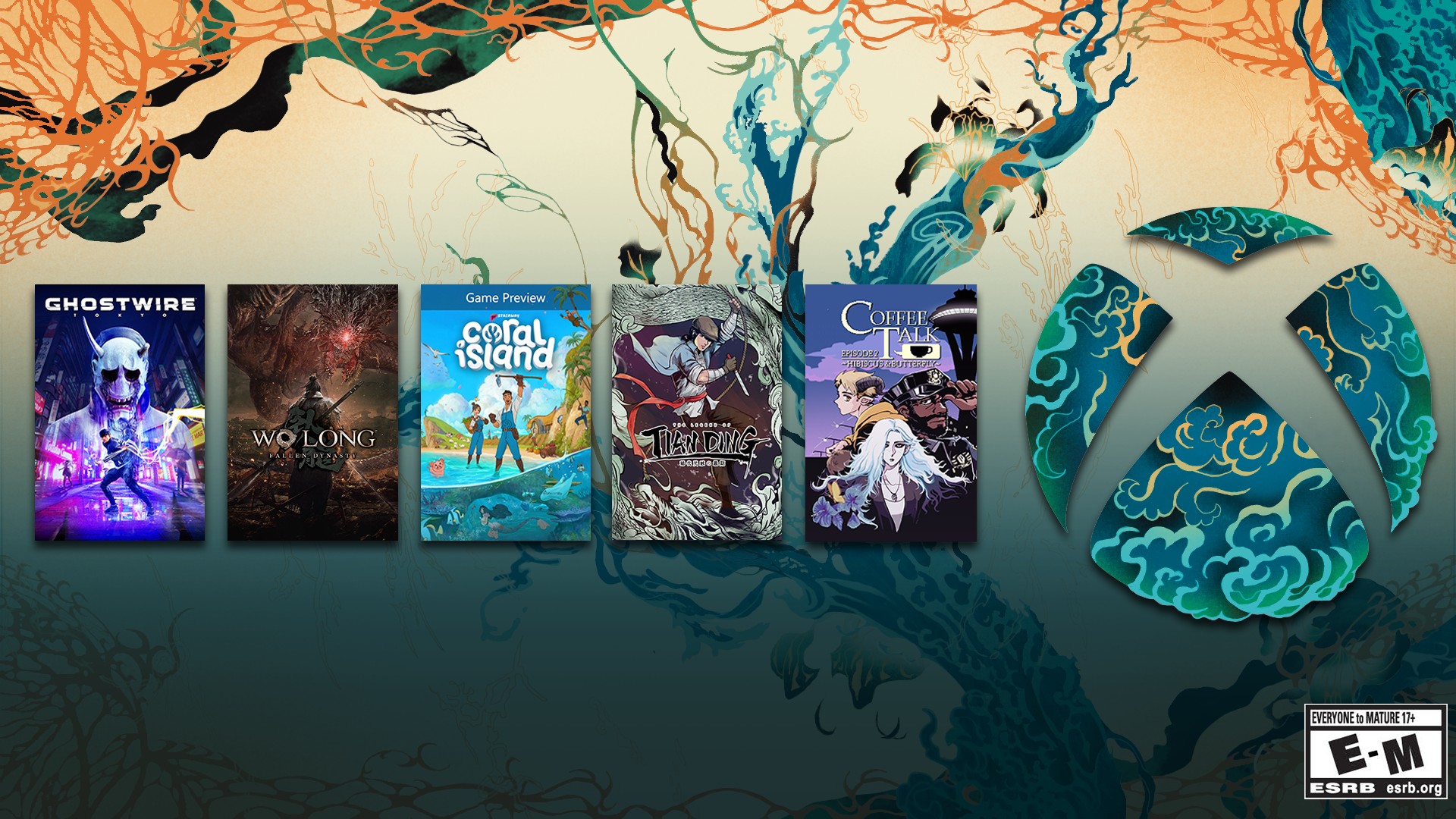 A compilation image featuring box art for Ghostwire: Tokyo, Wo Long: Fallen Dynasty, Coral Island, The Legend of Tianding, and Coffee Talk Episode 2: Hibiscus & Butterfly on a blue and orange background with root-like structures and a stylized Xbox sphere with a blue water texture in celebration of Asian and Pacific Islander Heritage Month.