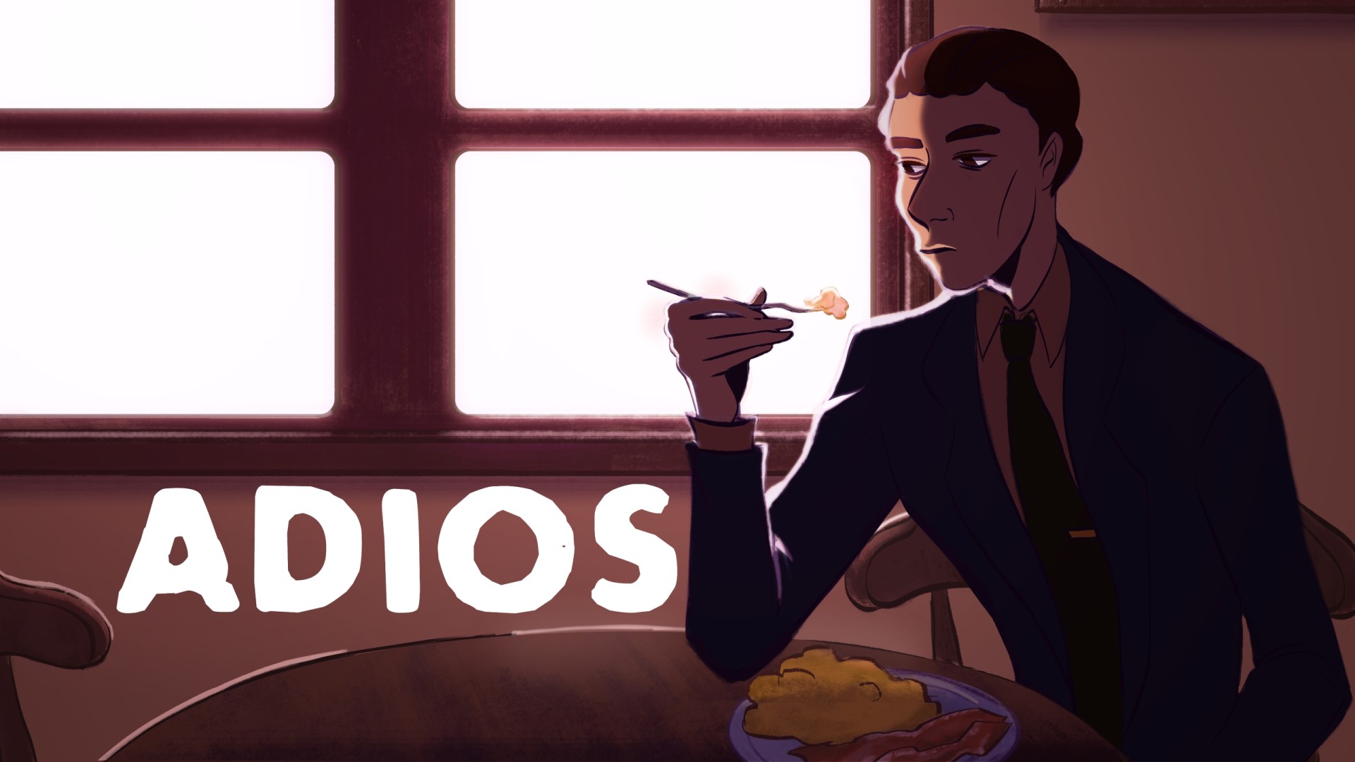 The key art for Adios, which shows the main character sitting at a table eating breakfast.