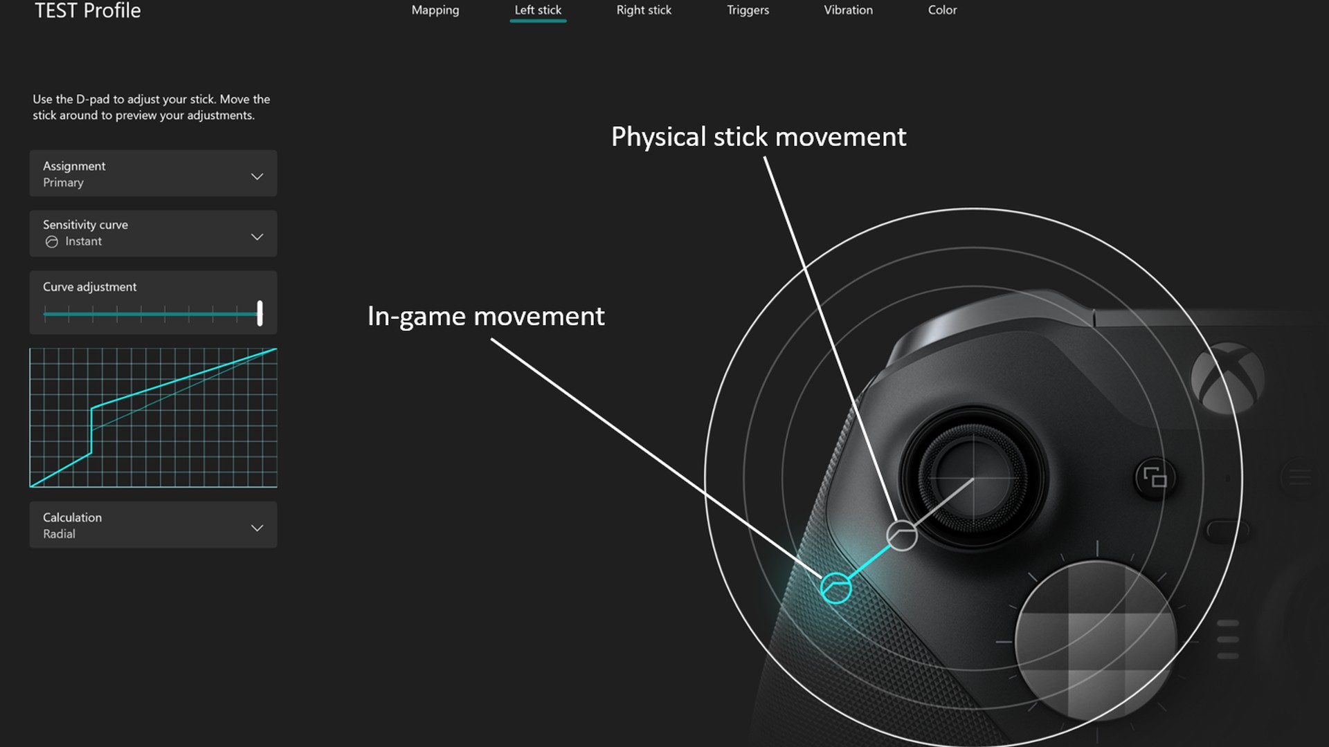 Xbox support page displaying how players can adjust stick settings.