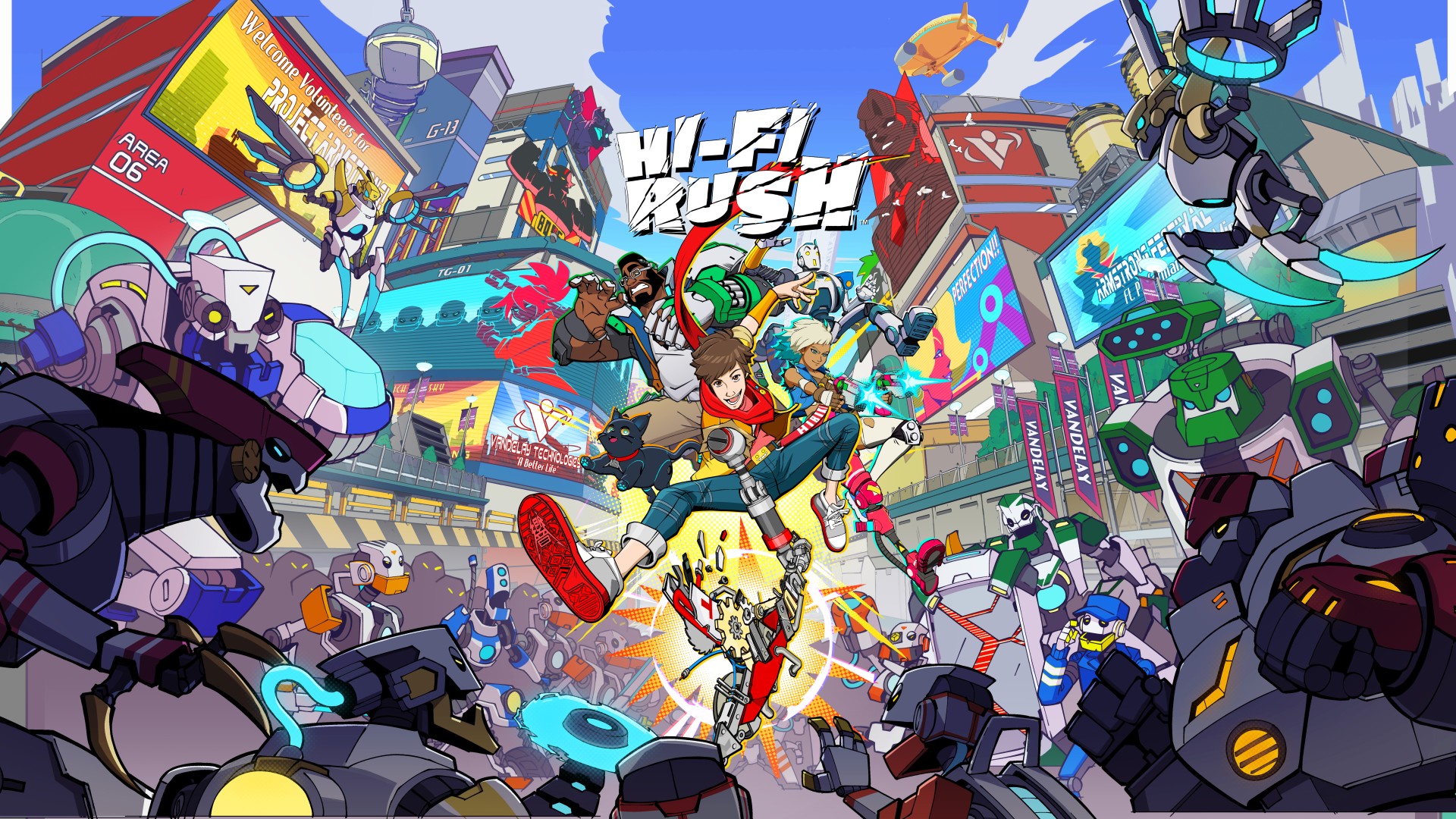 The key art of Hi-Fi Rush, with Chai and his band of friends facing off against a horde of evil robots!